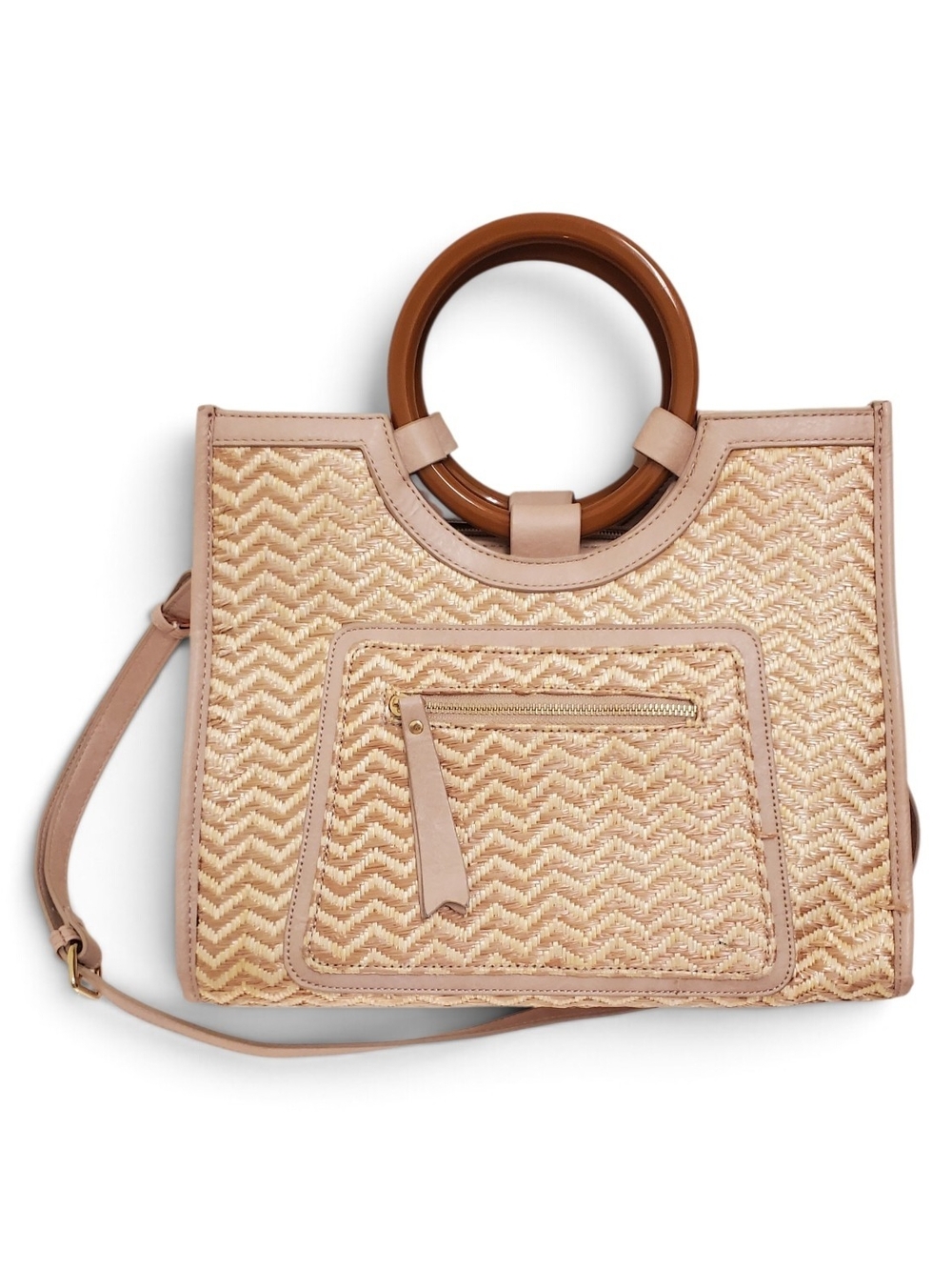 Moda Luxe Beige Woven Crossbody Tote with Wooden Ring Handles - Picture 8 of 11